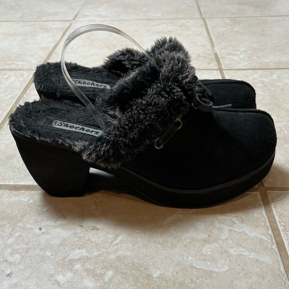 Vintage Y2K Baddie Faux‎ Fur Platform Clogs Black Chunky Heels Size 8 Grunge Alt
